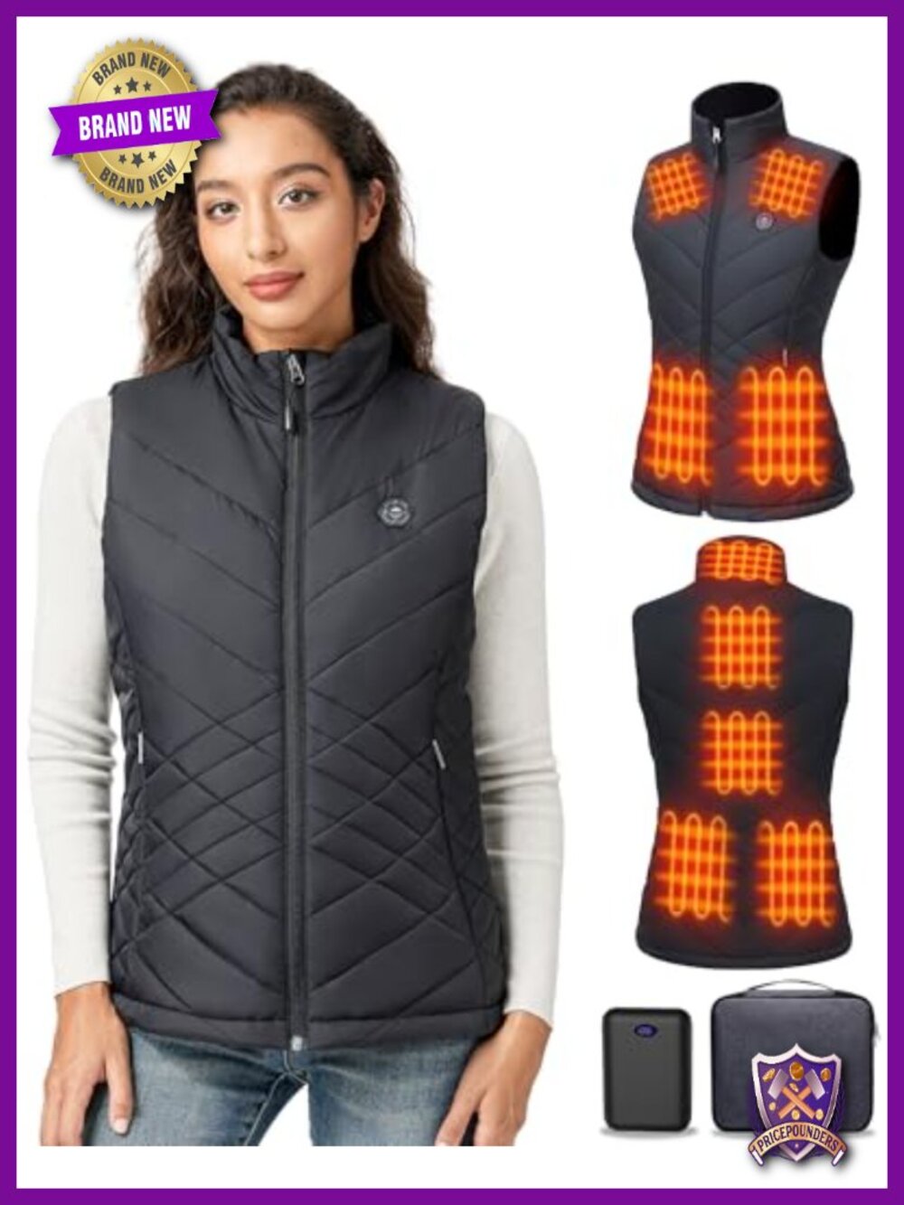 Women's Heated Vest 9 Heating Zones Diamond Quilted Nylon Sleeveless